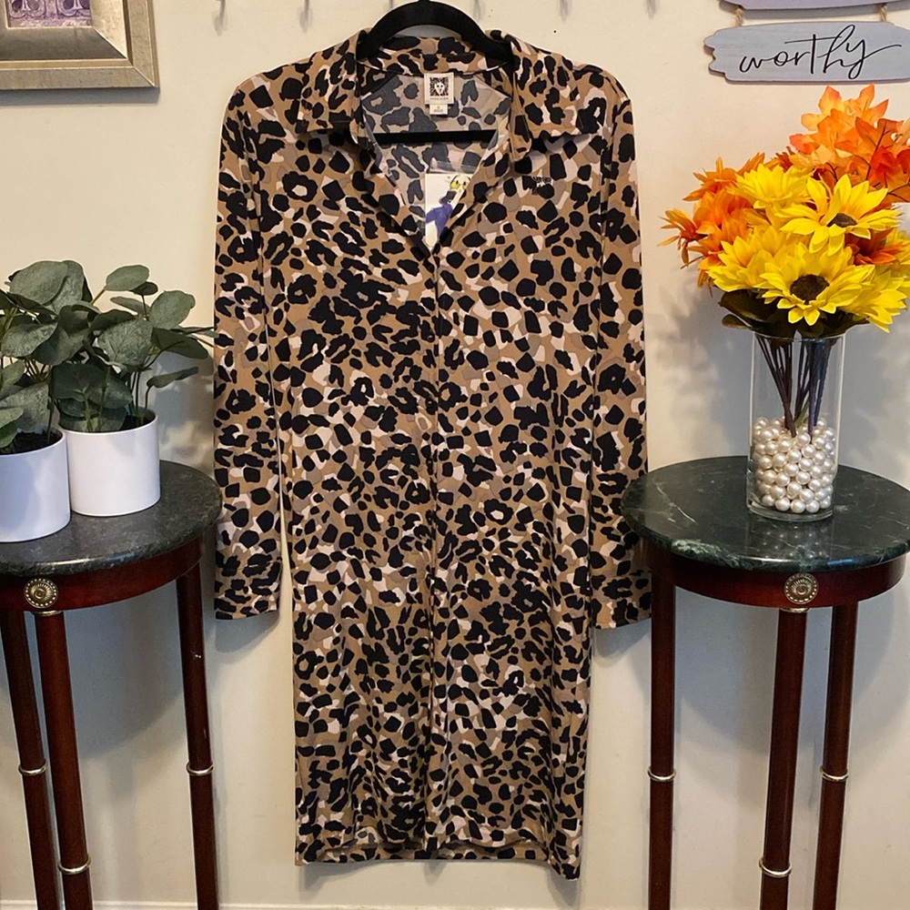 NWT Anne Klein Button Down Dress w/LS Sz Small. Has Animal Print. Retail $99.